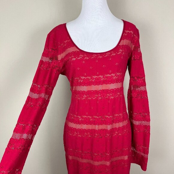 Bcbg Max Azria Dress Medium Lace Illusion Sheath Tanya Sangria Red Bodycon LS - Picture 11 of 12